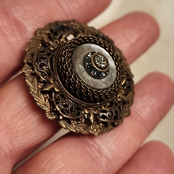 LIZ PALACIOS SF Vintage Vintage 80s Bronze Brooch with Mother of Pearl Accent - Picture 1 of 11